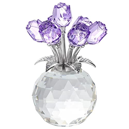 YWHL Handmade Crystal Purple Rose Flower Figurine with Round Vase, Romantic Gifts for Girlfriend and Wife, Home Decor fo