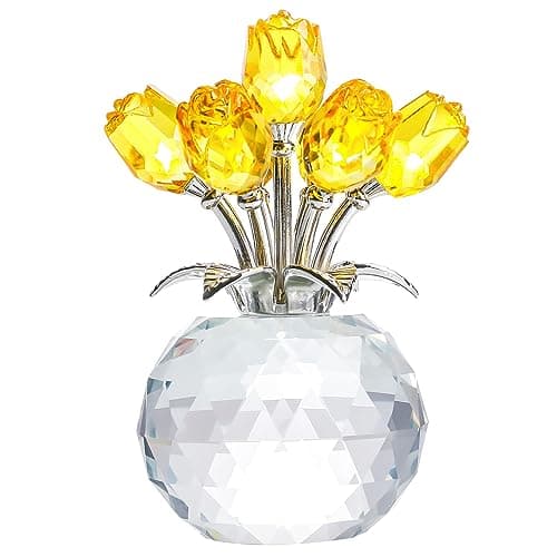 YWHL Handmade Crystal Purple Rose Flower Figurine with Round Vase, Romantic Gifts for Girlfriend and Wife, Home Decor fo