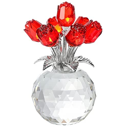 YWHL Handmade Crystal Purple Rose Flower Figurine with Round Vase, Romantic Gifts for Girlfriend and Wife, Home Decor fo