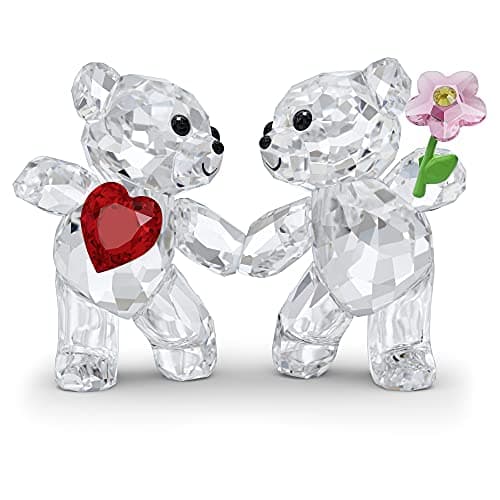 SWAROVSKI Kris Bears Happy Together Figurine Set for Couples, Clear Swarovski Crystal with Red Heart and Pink Flower, Co