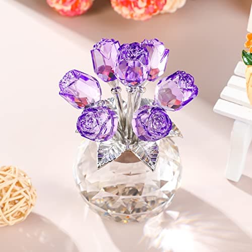 YWHL Handmade Crystal Purple Rose Flower Figurine with Round Vase, Romantic Gifts for Girlfriend and Wife, Home Decor fo