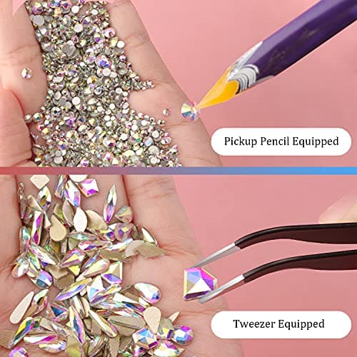 BELLEBOOST Iridescent Multi Shapes 3D Glass AB Crystal Nail Art Kit for Craft Decoration with Picks and Tweezers