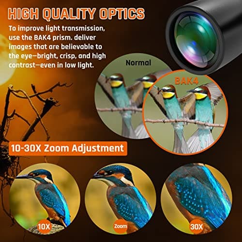 High Powered 10-30x50 Military Binoculars for Adults, Bird Watching and Traveling, Clear Low Light Vision at Night with