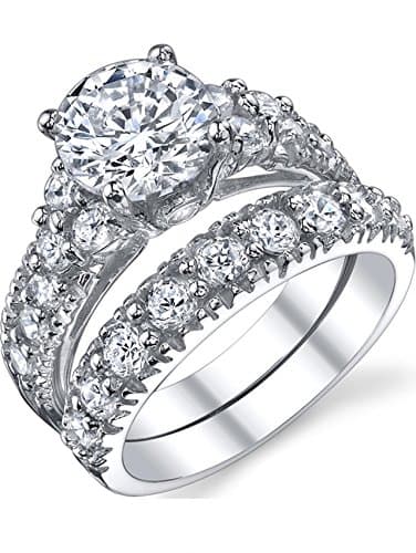 Metal Masters Womens 1.5 Carat Sterling Silver 925 Engagement Bridal Ring Set Round-Cut Cubic Zirconia - Elegant Jewelry
