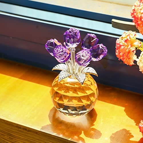 YWHL Handmade Crystal Purple Rose Flower Figurine with Round Vase, Romantic Gifts for Girlfriend and Wife, Home Decor fo