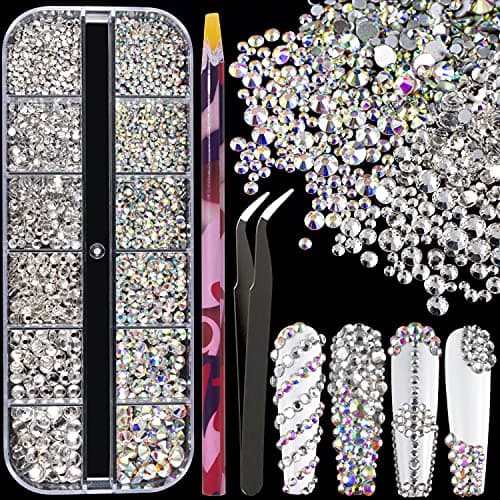 BELLEBOOST Iridescent Multi Shapes 3D Glass AB Crystal Nail Art Kit for Craft Decoration with Picks and Tweezers