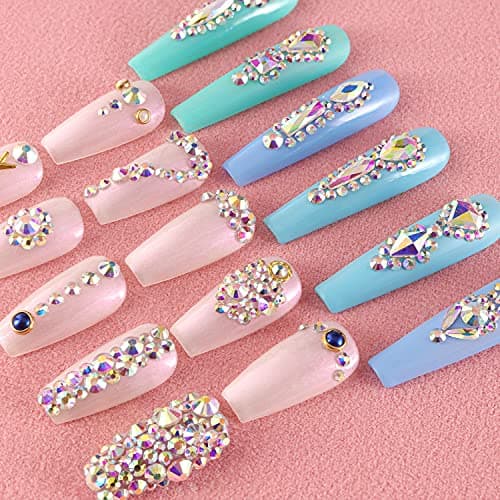 BELLEBOOST Iridescent Multi Shapes 3D Glass AB Crystal Nail Art Kit for Craft Decoration with Picks and Tweezers