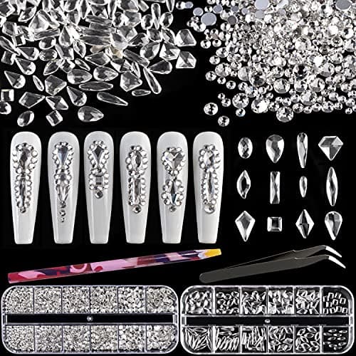BELLEBOOST Iridescent Multi Shapes 3D Glass AB Crystal Nail Art Kit for Craft Decoration with Picks and Tweezers
