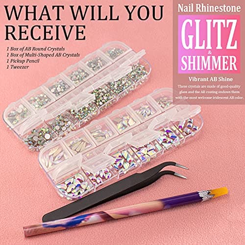 BELLEBOOST Iridescent Multi Shapes 3D Glass AB Crystal Nail Art Kit for Craft Decoration with Picks and Tweezers
