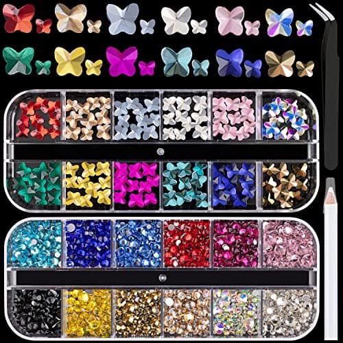 BELLEBOOST Iridescent Multi Shapes 3D Glass AB Crystal Nail Art Kit for Craft Decoration with Picks and Tweezers