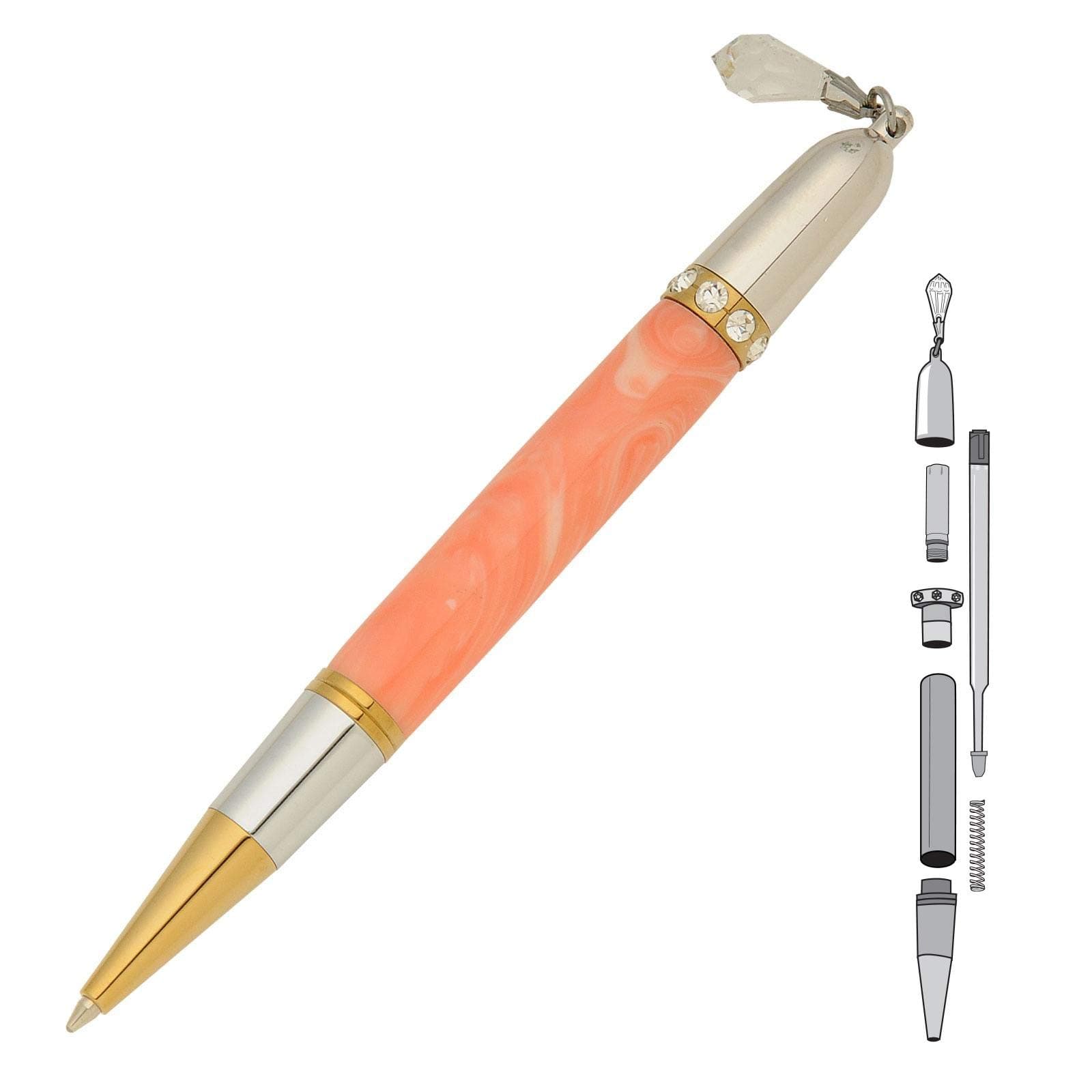 Penn State Industries PKCHPEN1 Diva Charm Twist Ballpoint Pen Kit for Woodturning Project (5-Pack Clear Crystals Gold T/