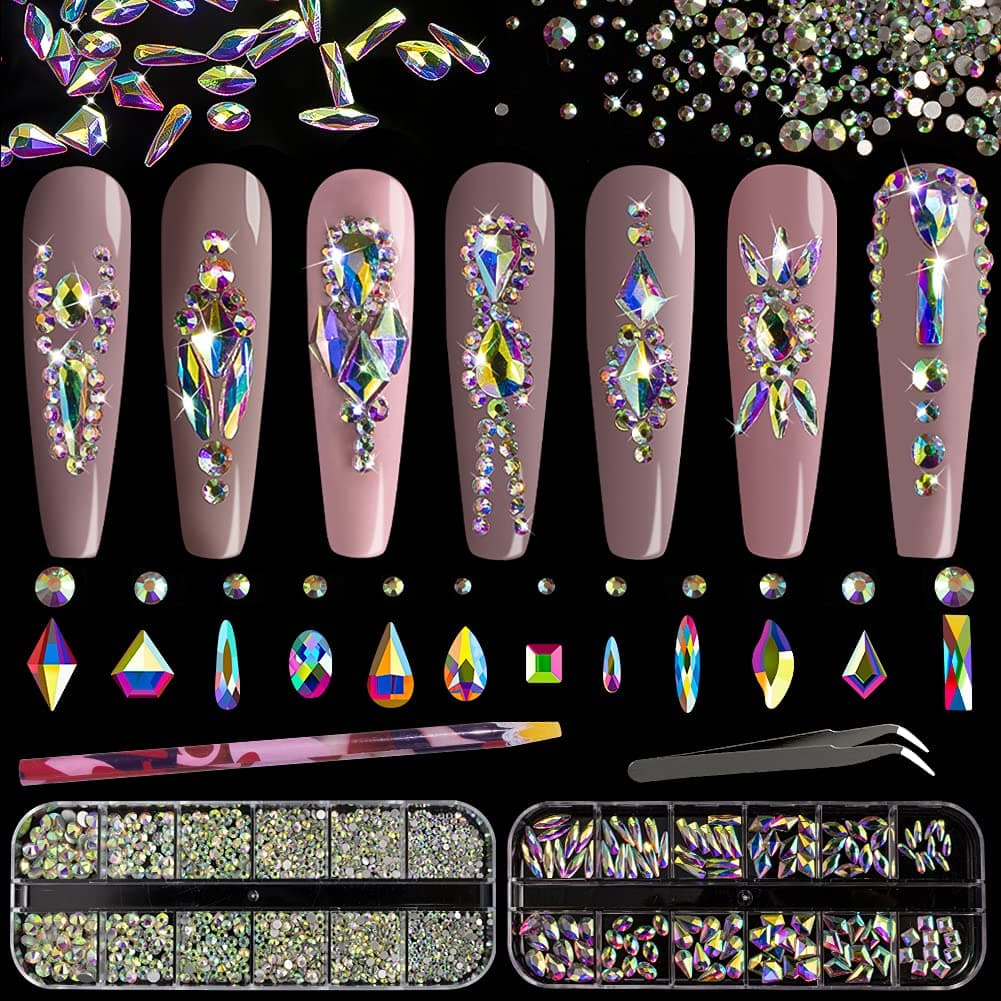 BELLEBOOST Iridescent Multi Shapes 3D Glass AB Crystal Nail Art Kit for Craft Decoration with Picks and Tweezers