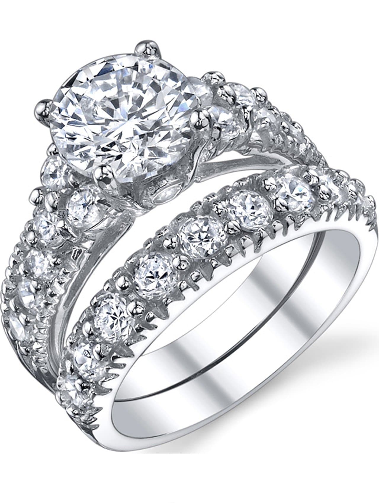 Metal Masters Womens 1.5 Carat Sterling Silver 925 Engagement Bridal Ring Set Round-Cut Cubic Zirconia - Elegant Jewelry